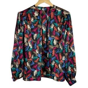 Vintage Joan Collins Silk Colorful Leaf Blouse Size 4